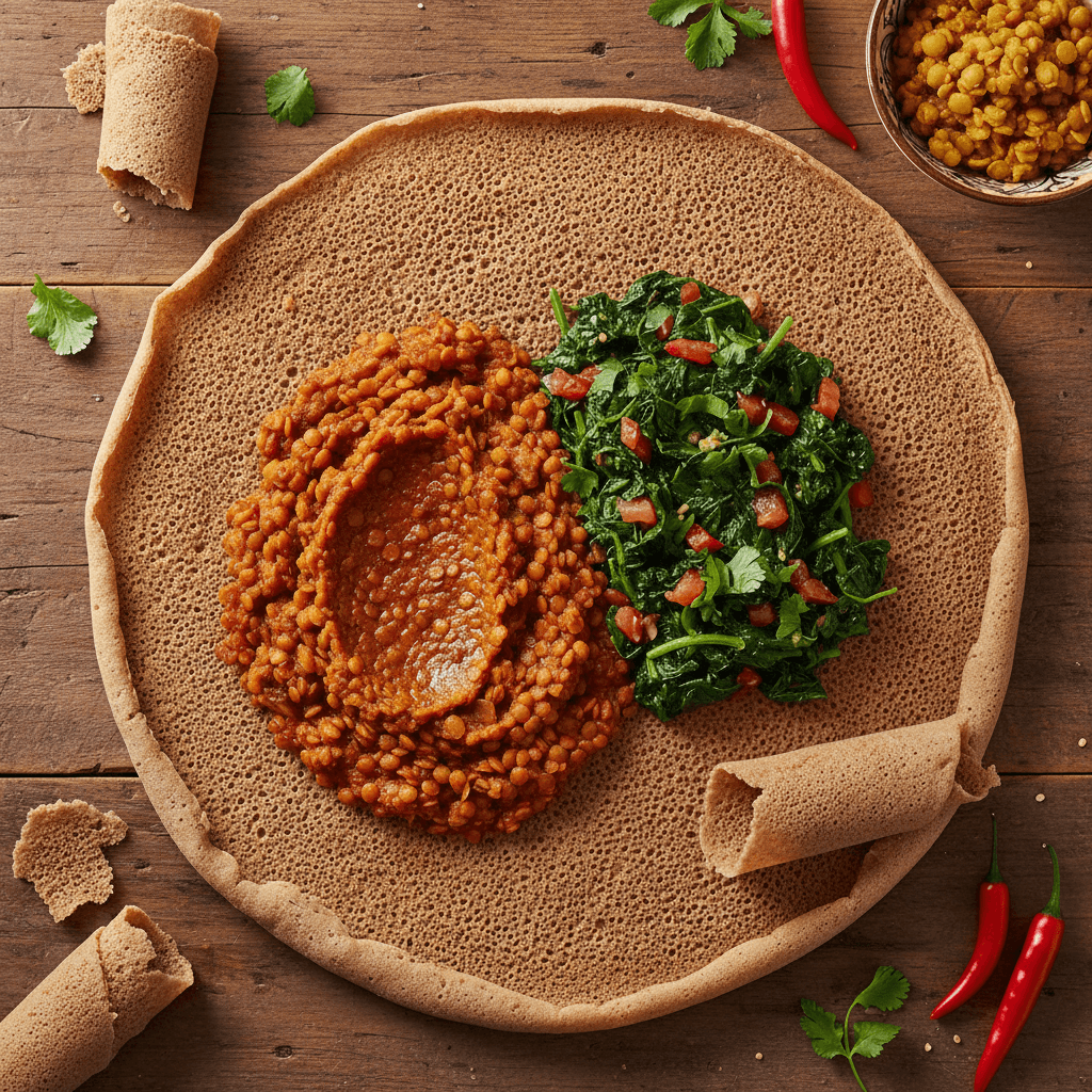 Injera aux Lentilles Rouges et Épinards