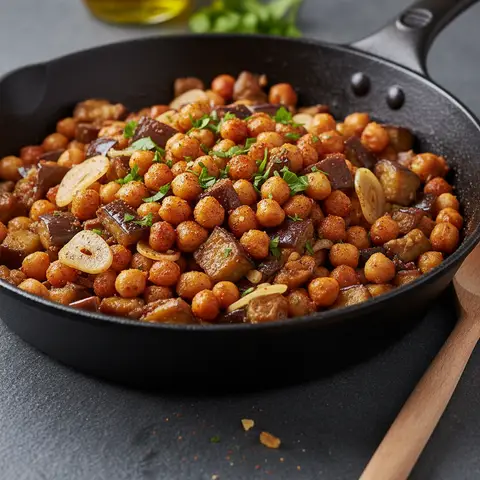 Wok méditerranéen de pois chiches aux aubergines