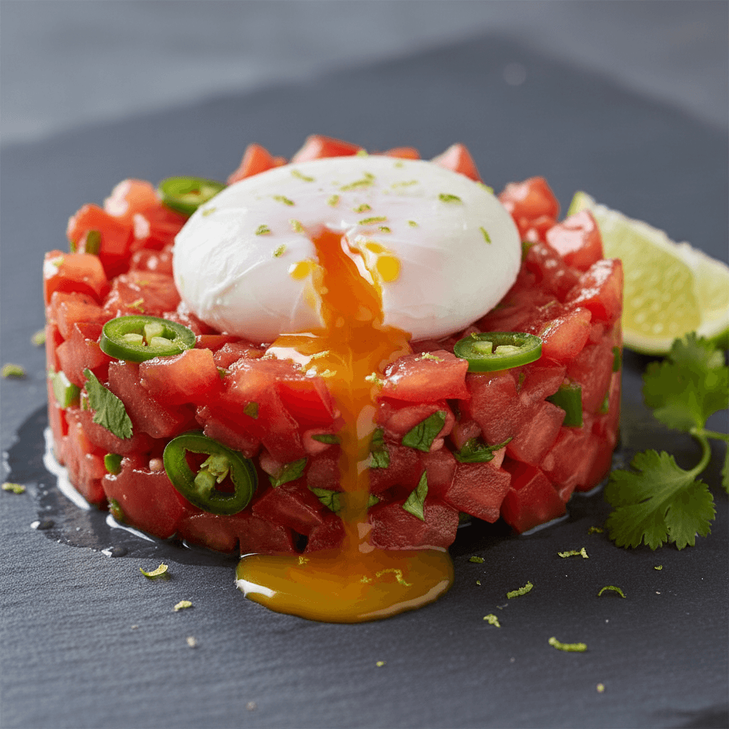 Tartare de tomates et œuf poché à la mexicaine