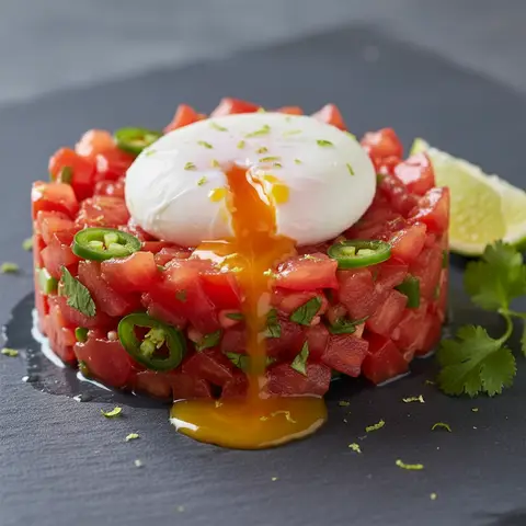 Tartare de tomates et œuf poché à la mexicaine