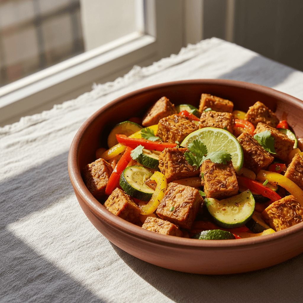 Poêlée de tempeh au cumin avec courgettes et poivrons