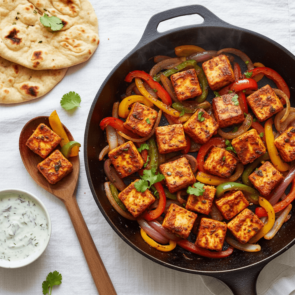 Paneer tikka en poêlée aux poivrons et oignons