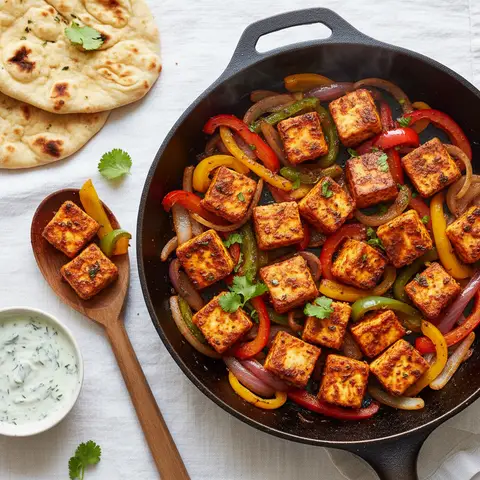 Paneer tikka en poêlée aux poivrons et oignons