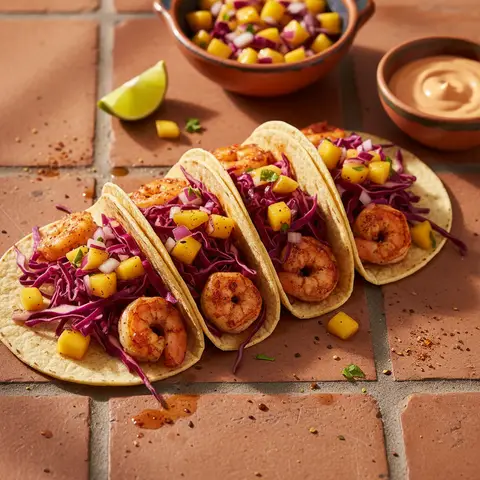 Tacos de Crevettes avec Salsa de Mango