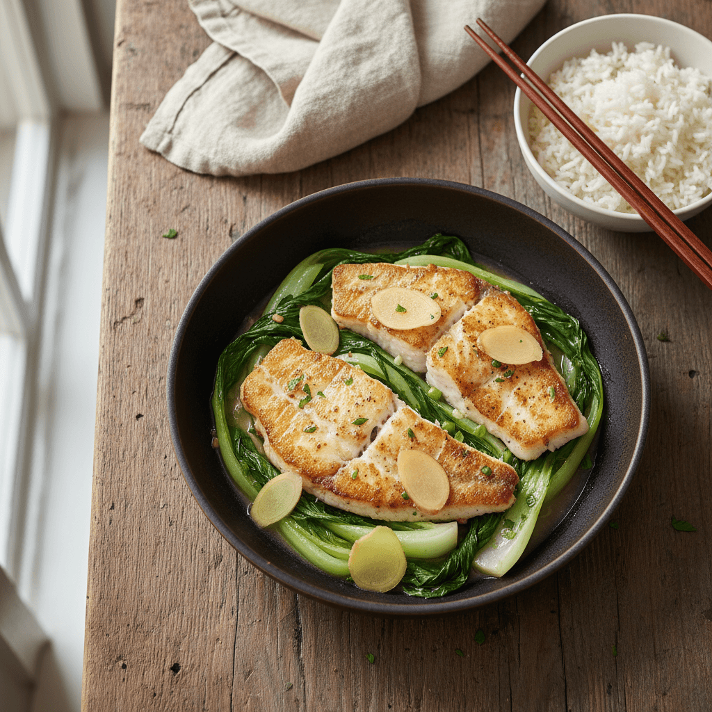 Sautéed Sea Bass with Bok Choy and Ginger