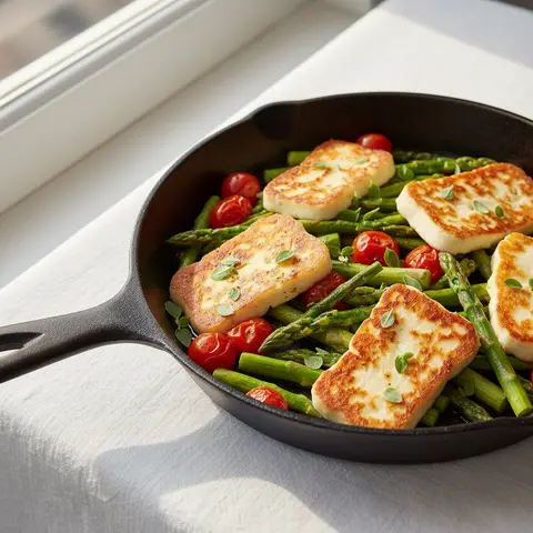 Poêlée de halloumi grillé aux asperges et tomates cerises