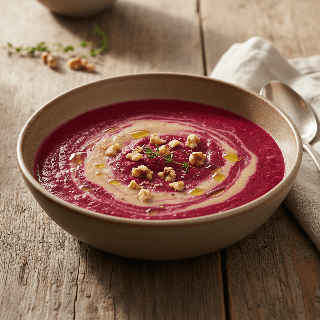 Creamy Cauliflower and Beet Soup with Walnuts