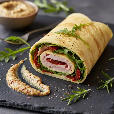 Egg wrap à la dinde fumée, roquette et moutarde