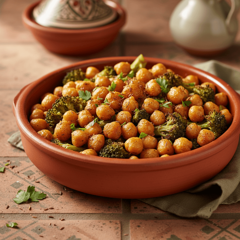 Pois chiches croustillants au four et brocoli au cumin