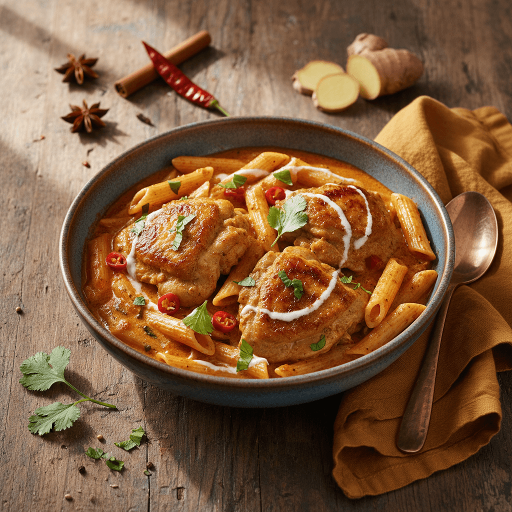 Hähnchen-Curry mit Pasta nach indischer Art