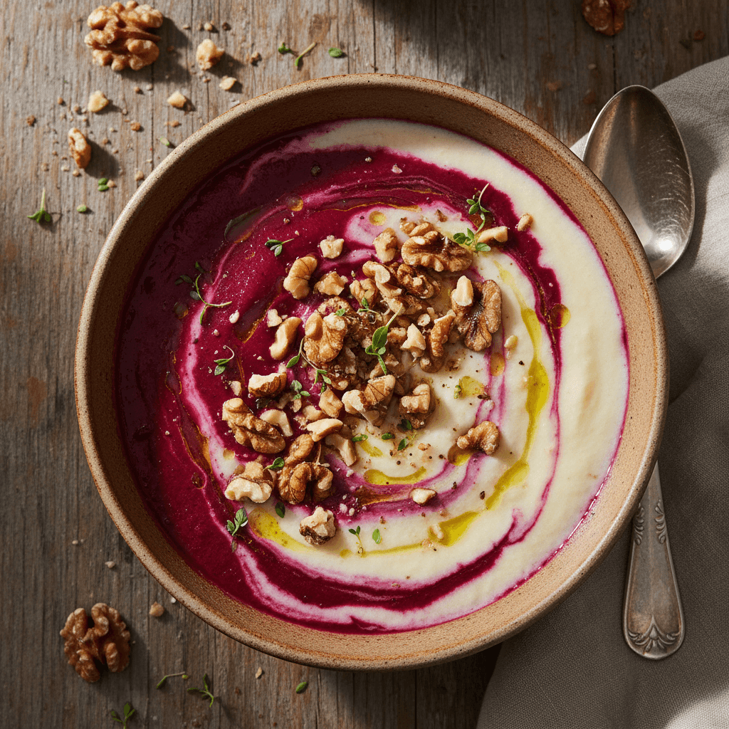Creamy Cauliflower and Beet Soup with Walnuts