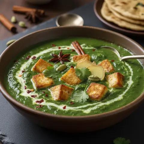 Soupe indienne aux épinards, paneer et épices