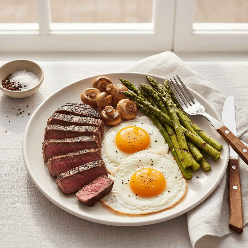 Steak and eggs aux asperges et champignons