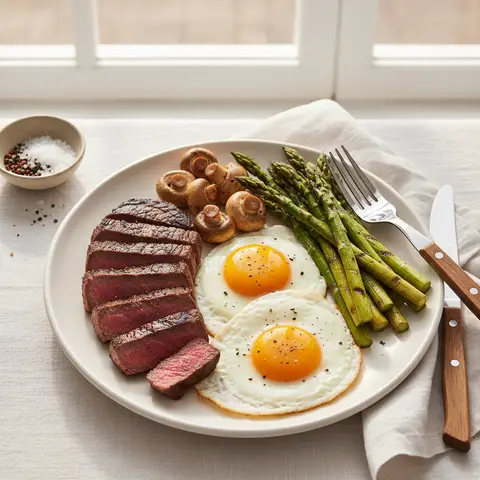 Steak and eggs aux asperges et champignons