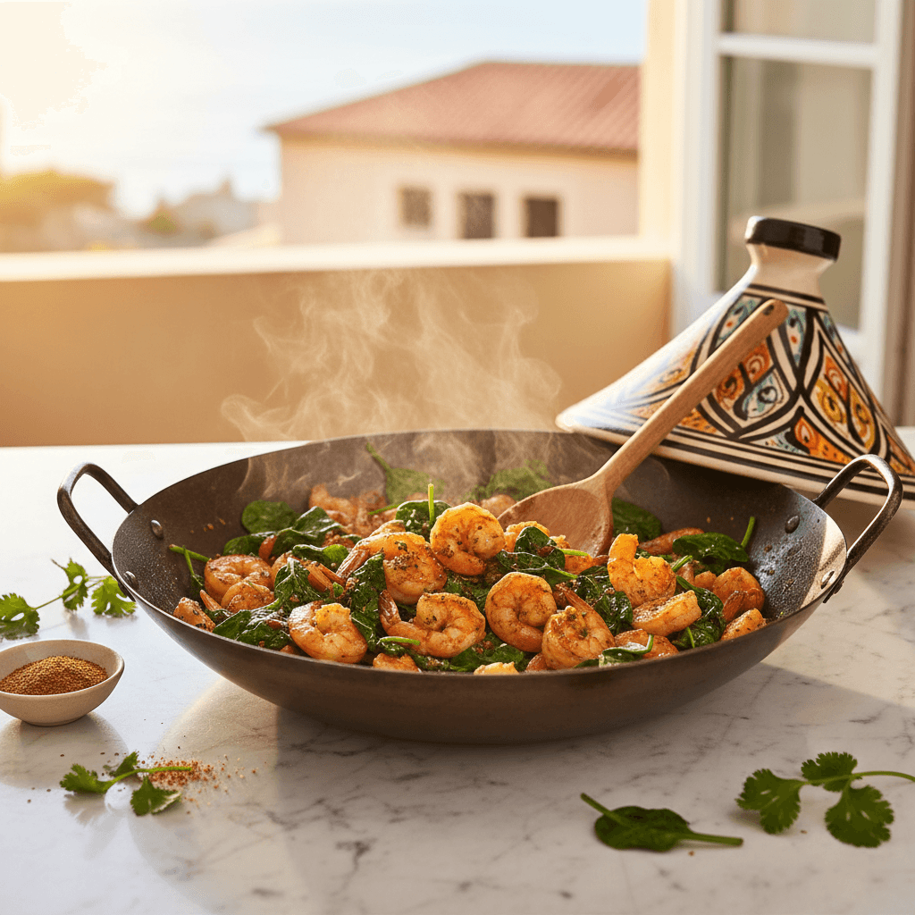 Wok de gambas à la marocaine aux épinards