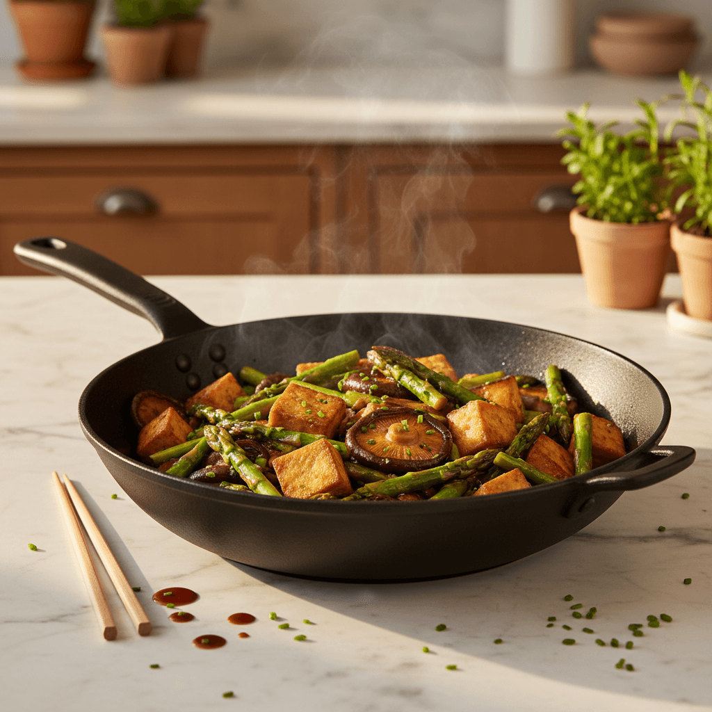 Wok de tofu fumé aux asperges et shiitake