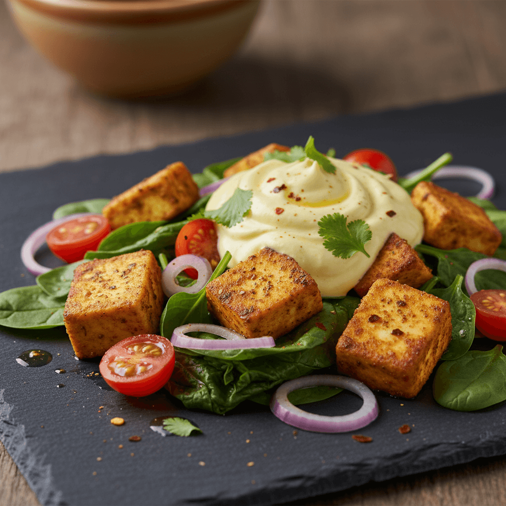 Salade indienne au paneer et épinards épicés