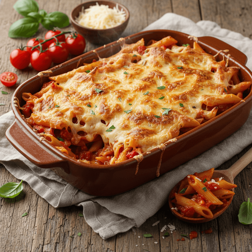 Penne-Auflauf mit Tomaten und Gruyère