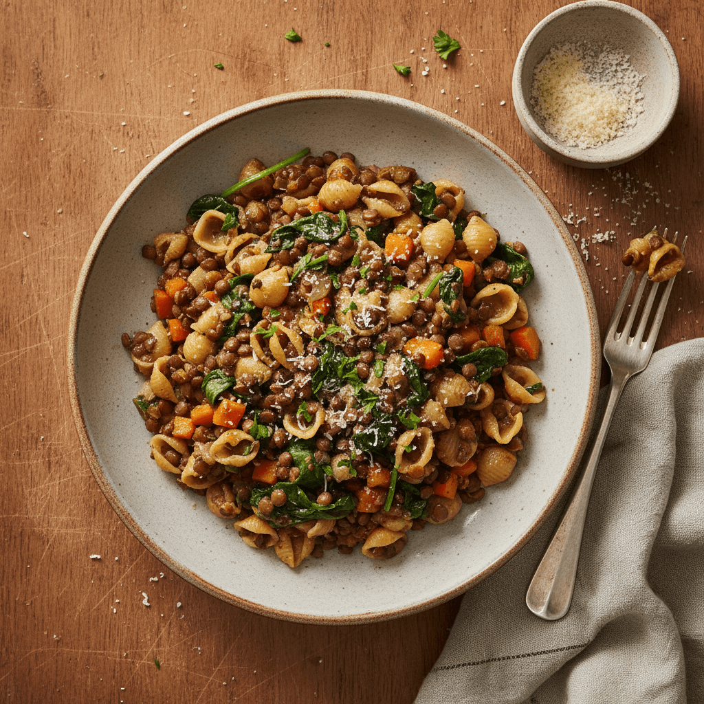 Pâtes aux Lentilles, Carottes & Épinards