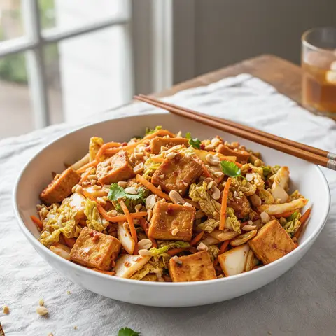 Wok de tofu croustillant au chou et cacahuètes