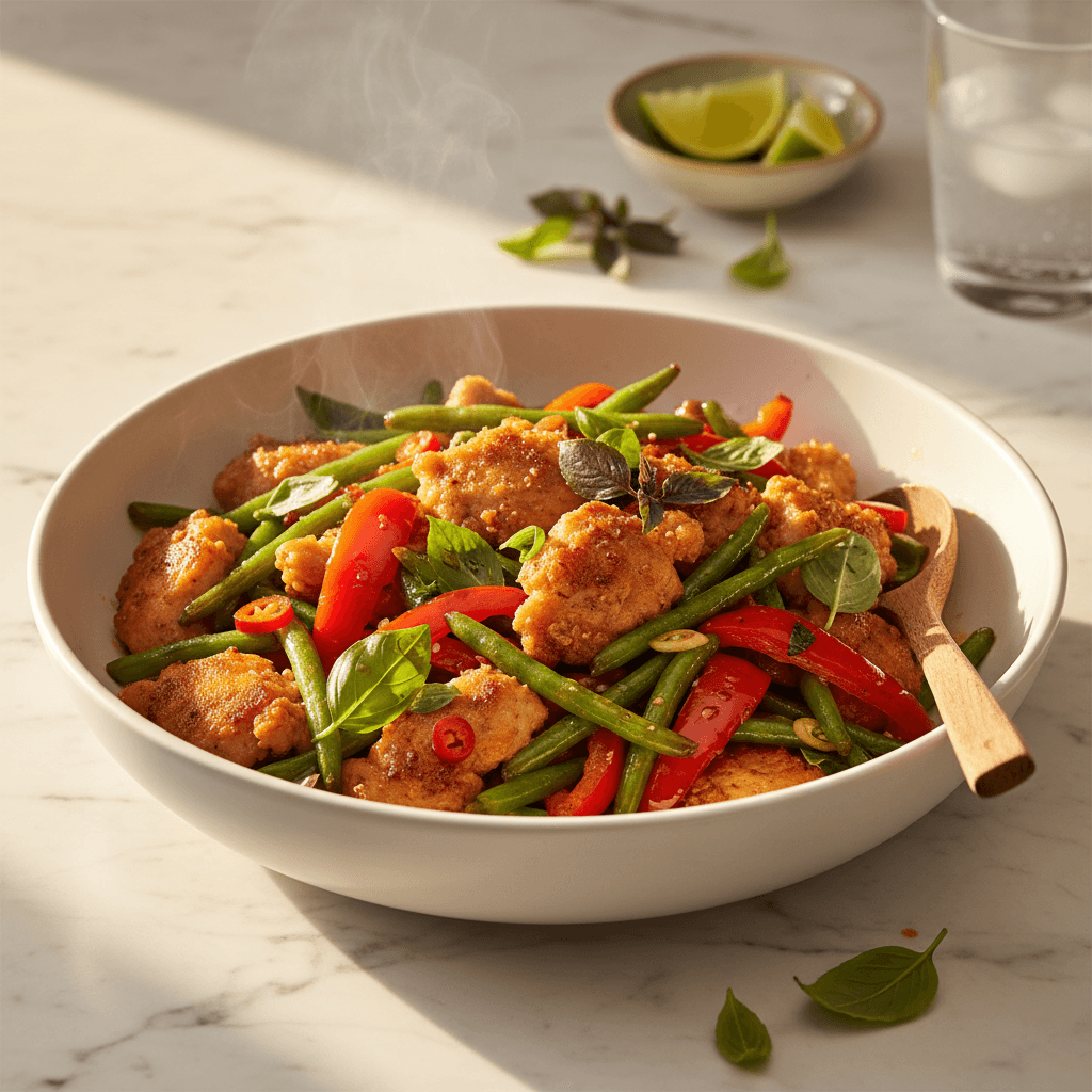 Poêlée de poulet thaï au basilic, haricots verts et poivrons