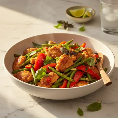 Poêlée de poulet thaï au basilic, haricots verts et poivrons