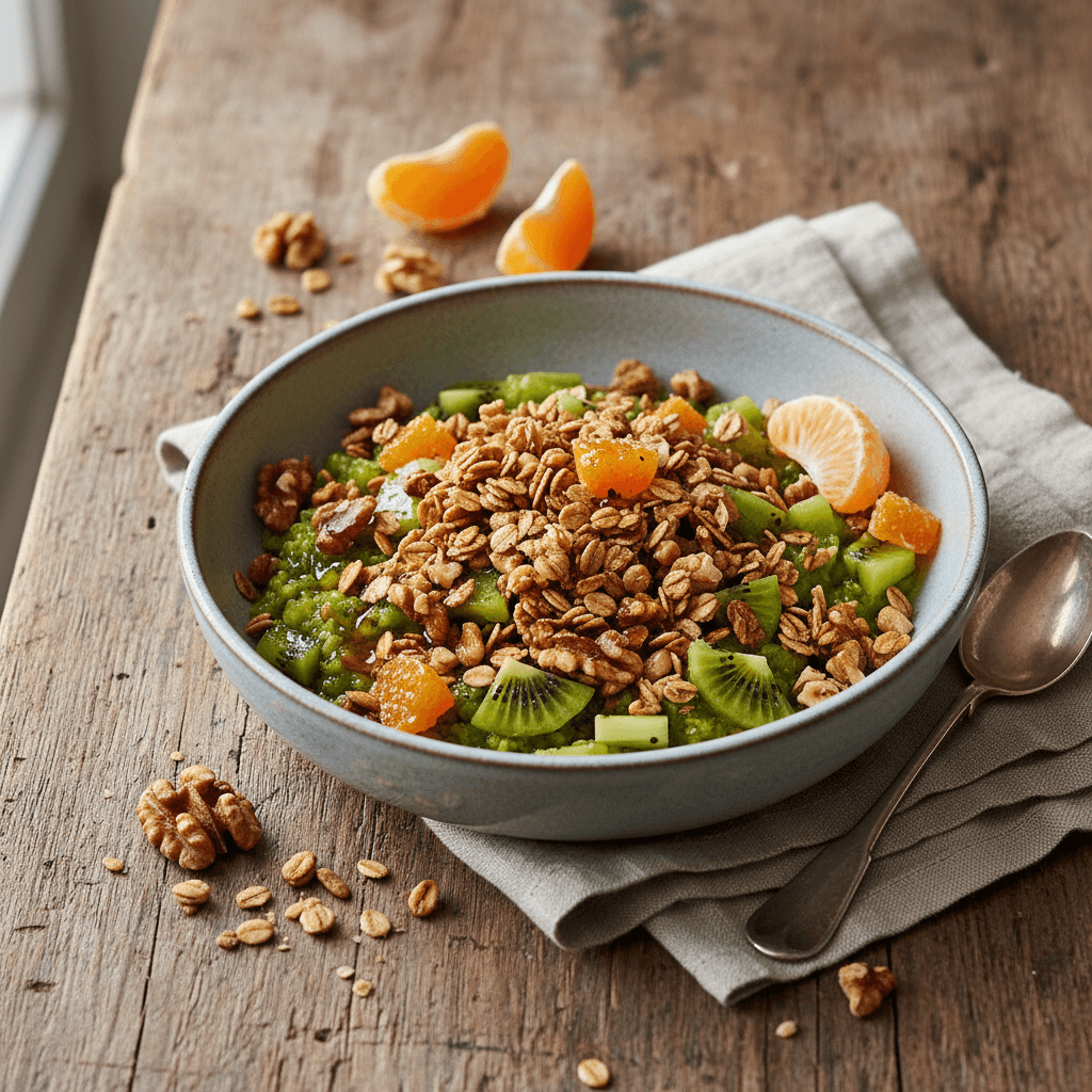 Kiwi and Walnut Tartare with Oat Granola with Clementines