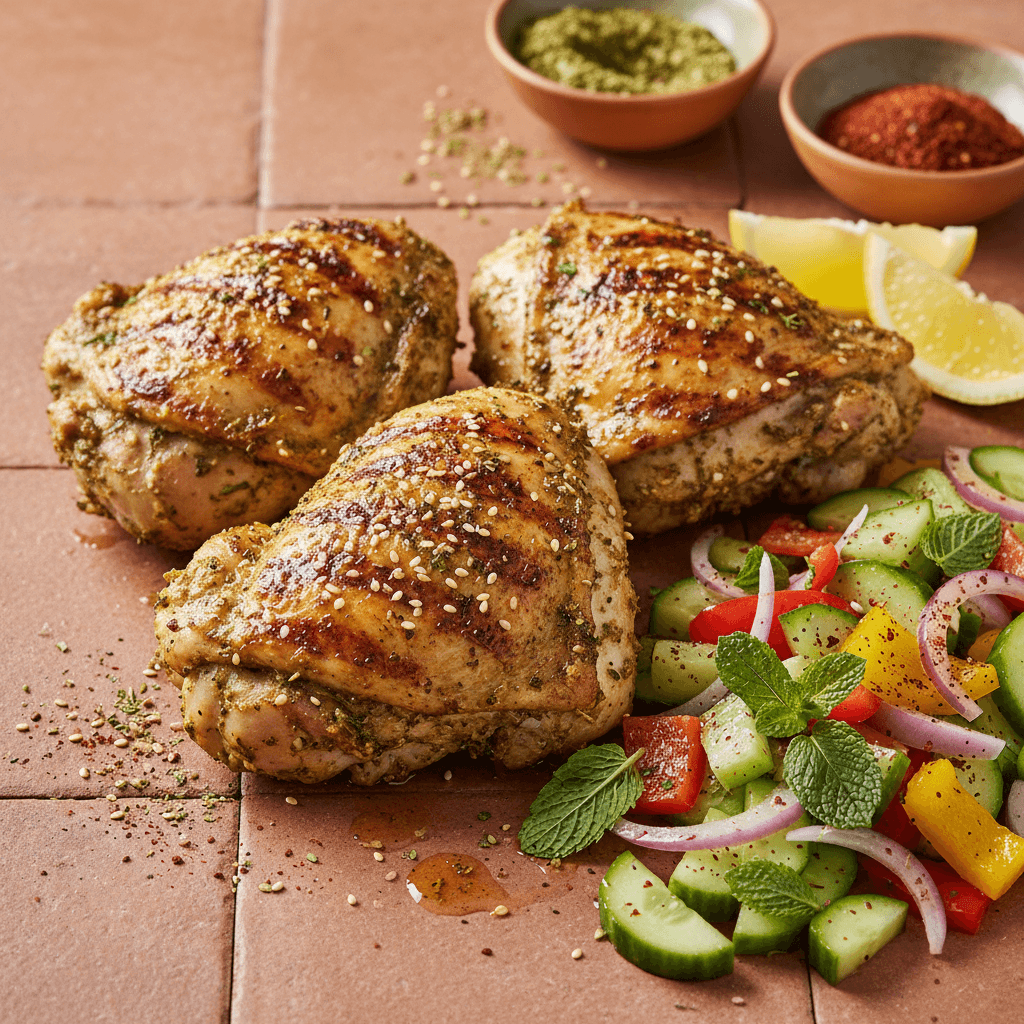 Poulet grillé au zaatar, salade de concombre et poivrons