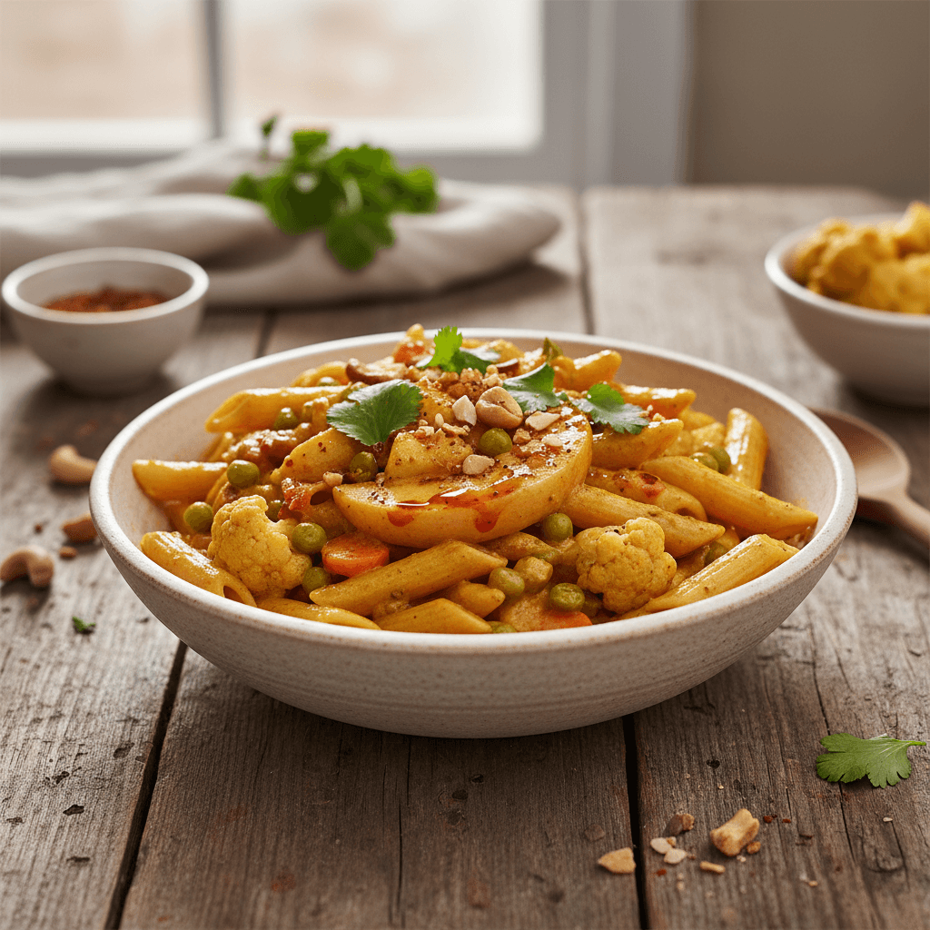 Vegetarisches Curry mit Penne und Äpfeln