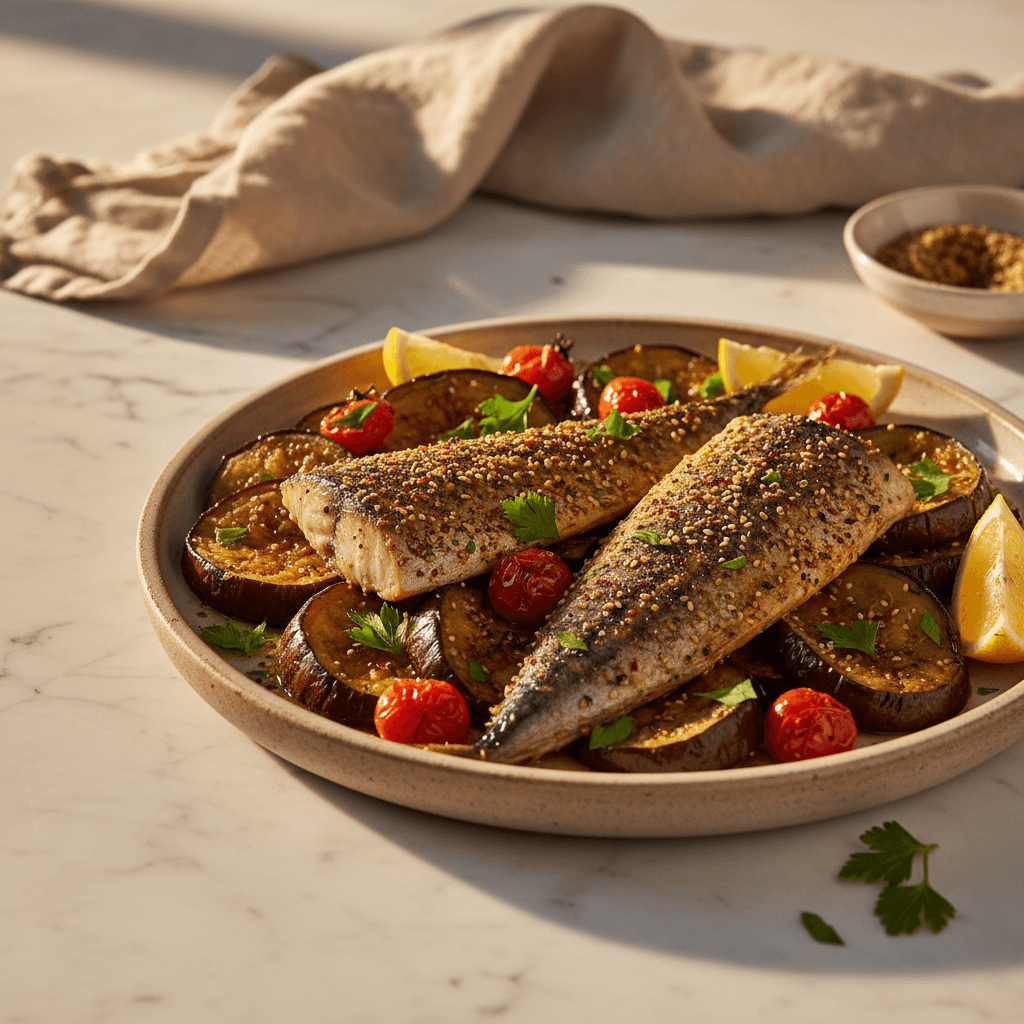 Maquereau au four aux aubergines et za'atar