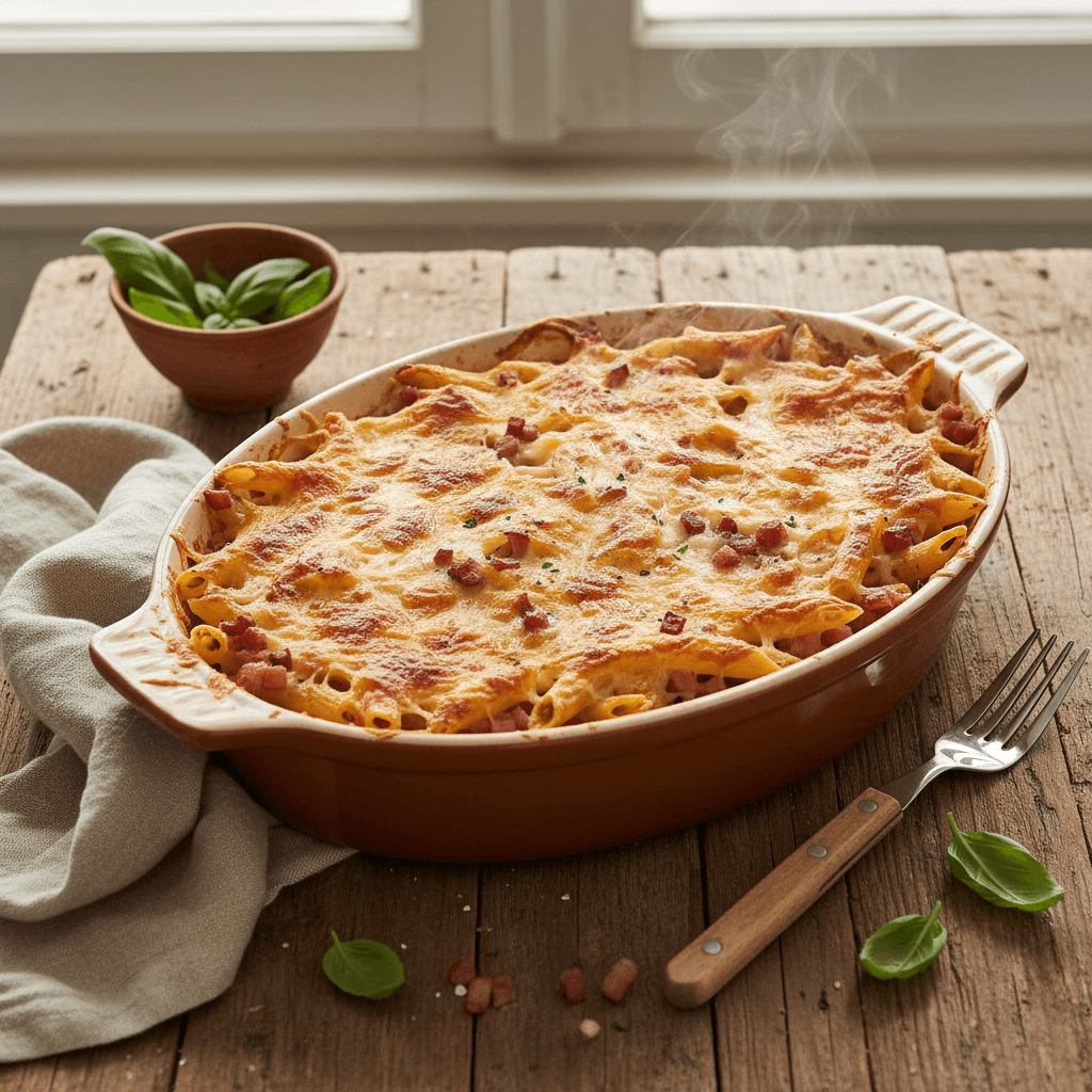 Baked Penne with Three Cheeses and Ham