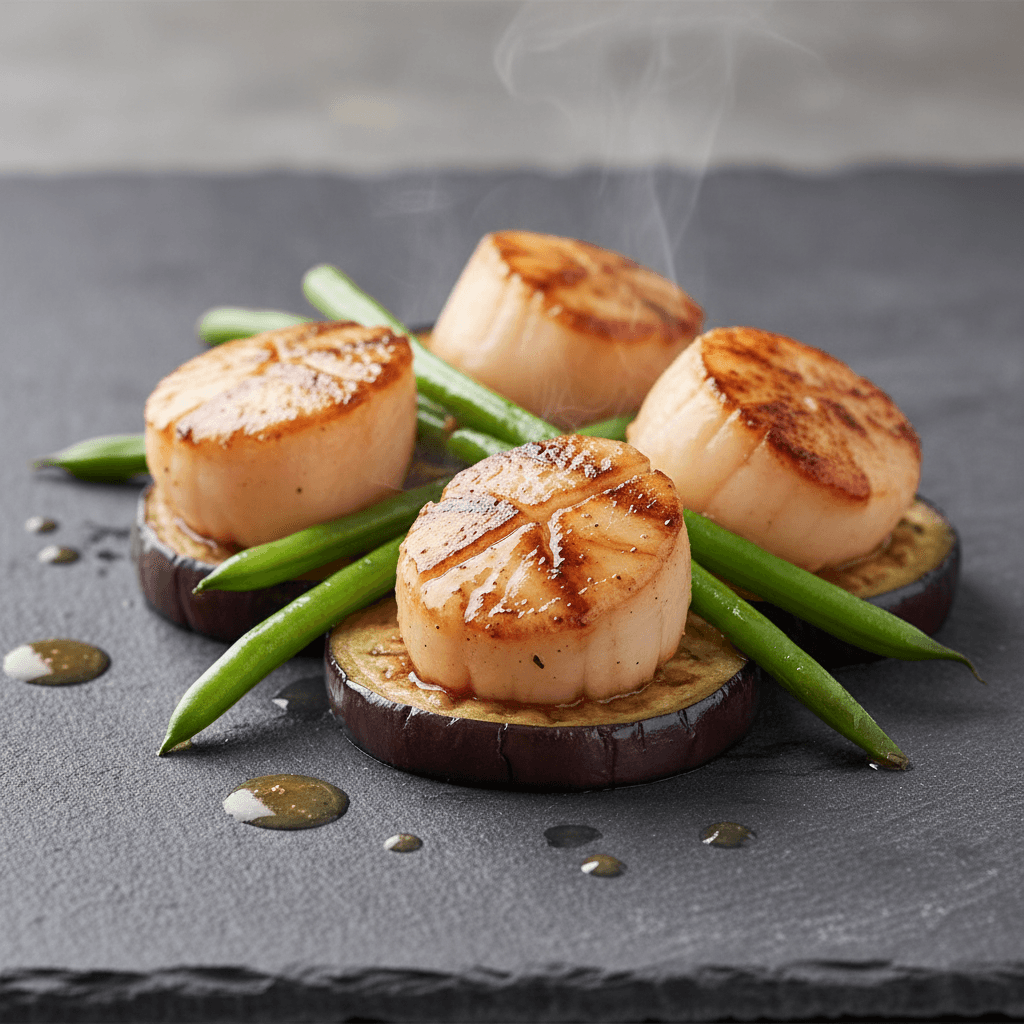 Saint-Jacques grillées au miso et aubergines fondantes