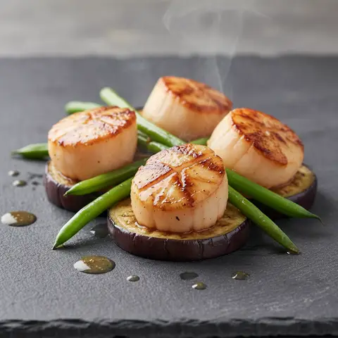 Saint-Jacques grillées au miso et aubergines fondantes