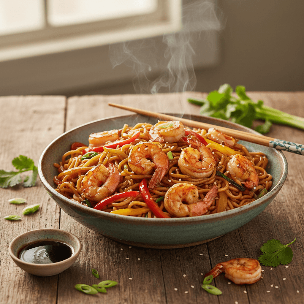 Asiatische Nudeln mit Garnelen und Gemüse