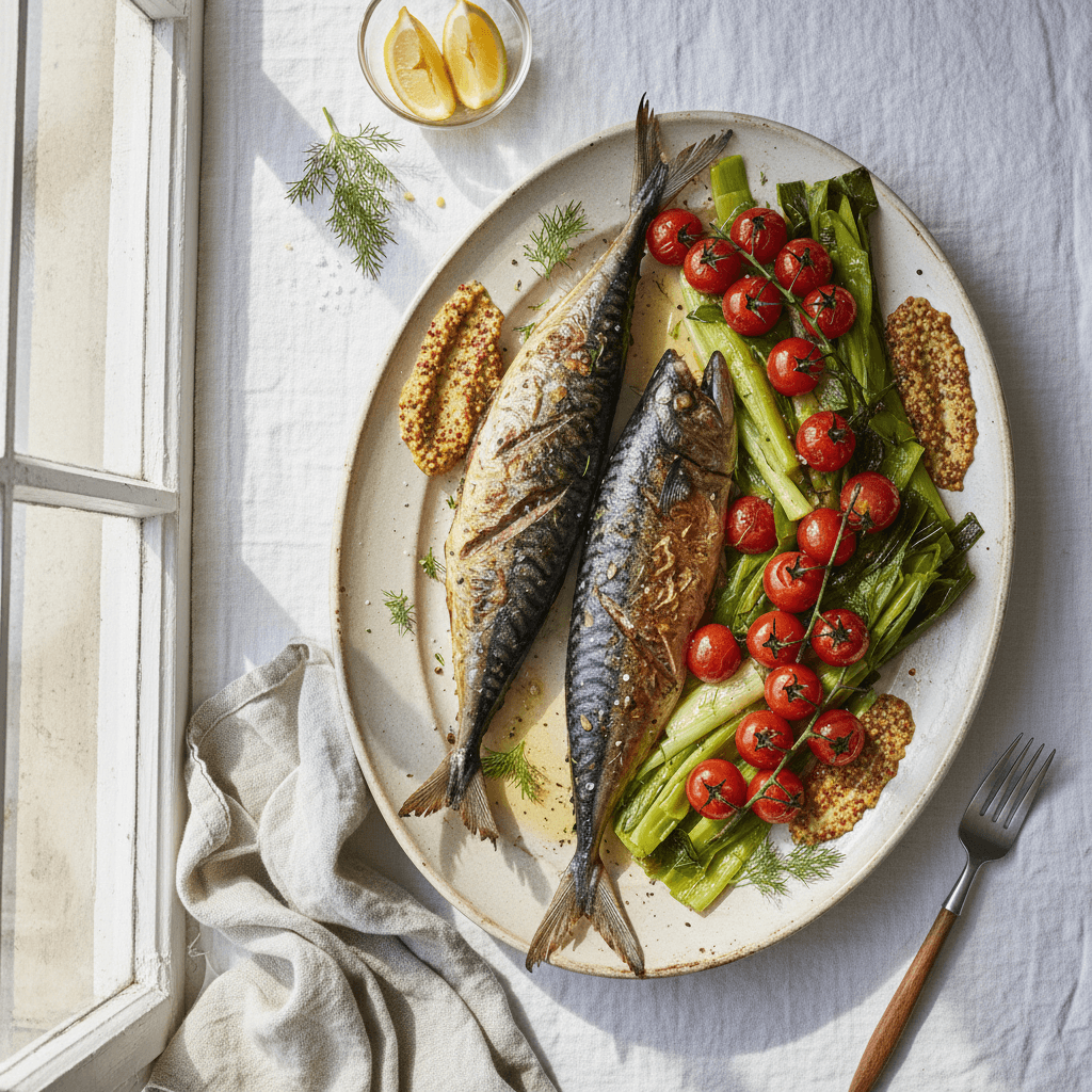 Maquereau grillé aux poireaux et moutarde