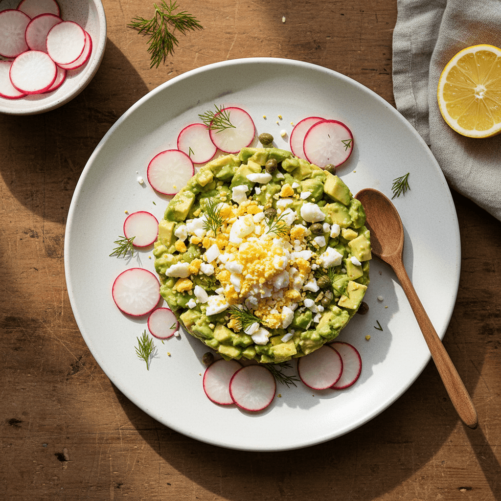 Tartare d'avocat aux œufs mimosa et radis