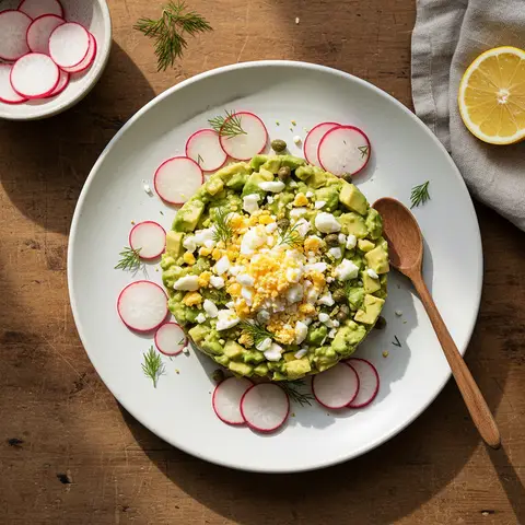 Tartare d'avocat aux œufs mimosa et radis