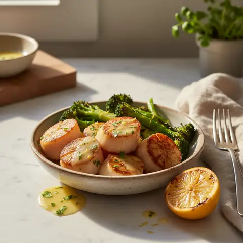 Saint-Jacques grillées au beurre de citron et brocoli