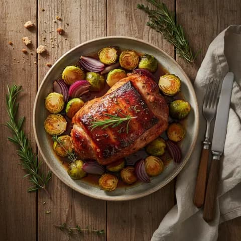 Echine de porc rotie aux choux de Bruxelles et oignons