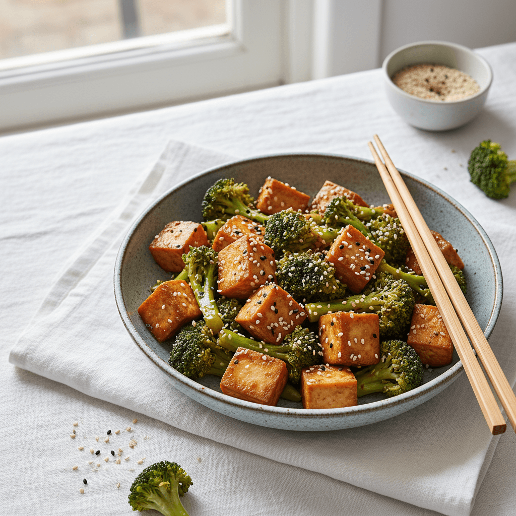 Poêlée de tofu croustillant au brocoli et sésame