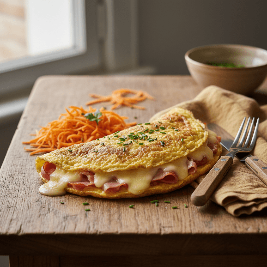 Omelett mit Schinken, Käse und geraspelten Karotten