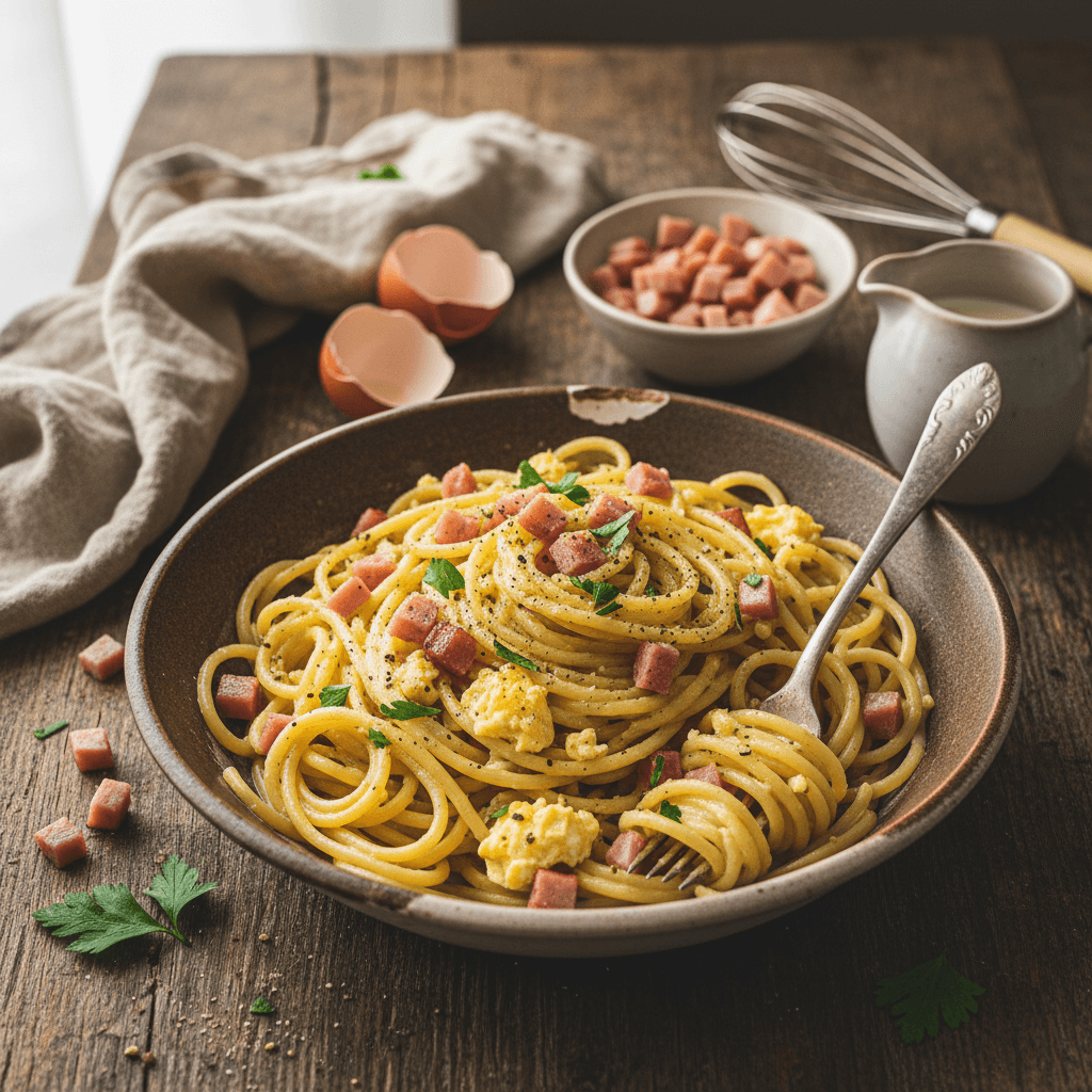 Leichte Carbonara mit Schinken