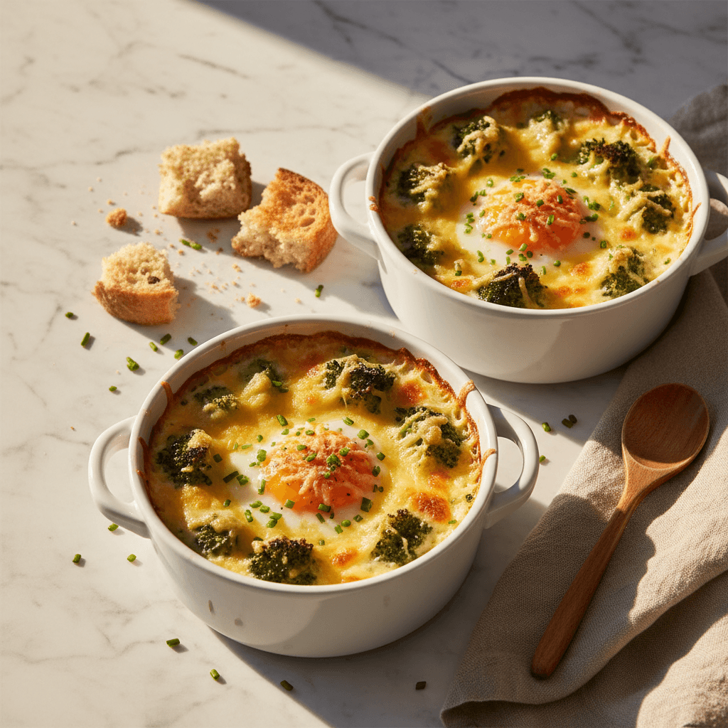 Œufs en cocotte grillés aux brocolis et emmental