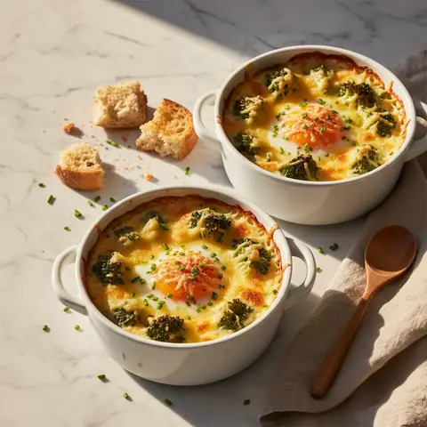 Œufs en cocotte grillés aux brocolis et emmental