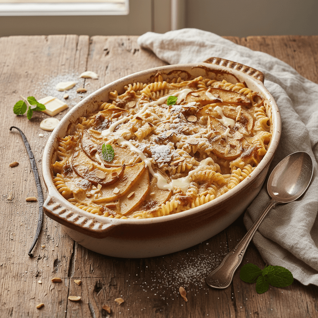 Gratinierte Pasta mit weißer Schokolade und Birne