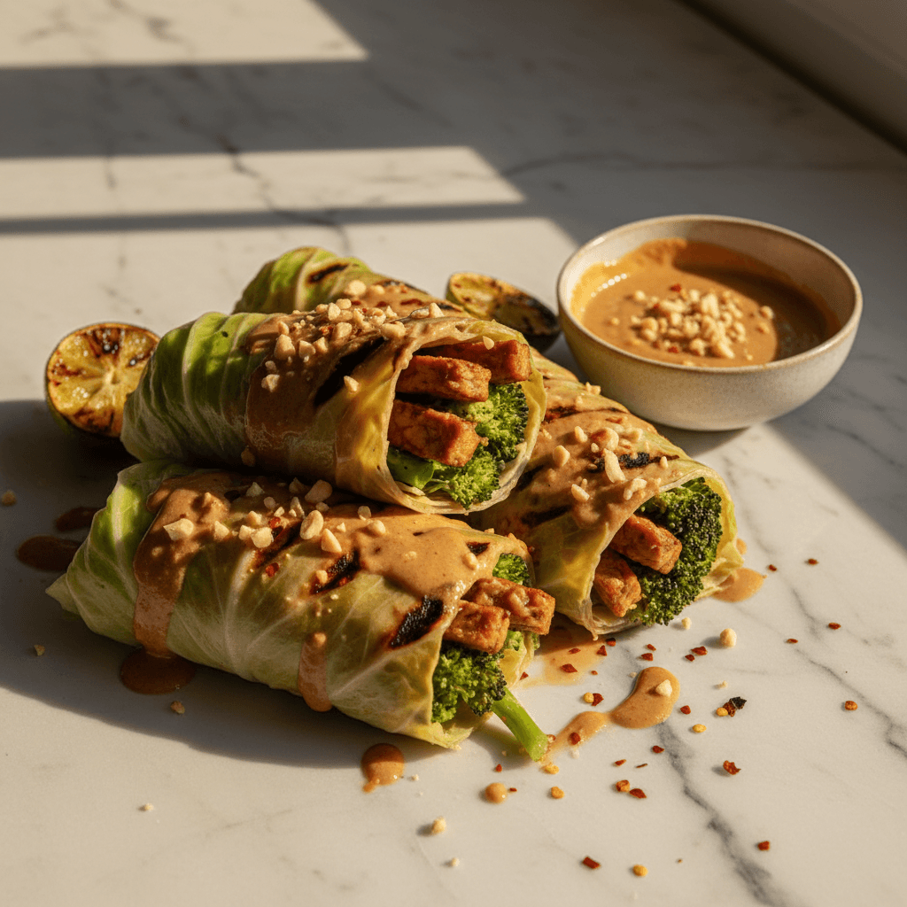 Wrap de chou au tempeh satay et brocoli