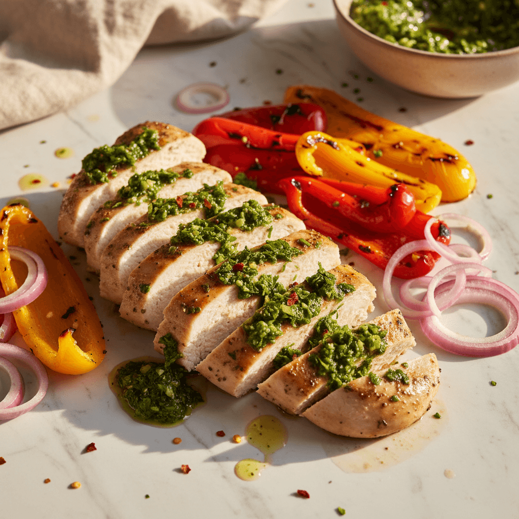 Poulet froid mariné au chimichurri et poivrons grillés