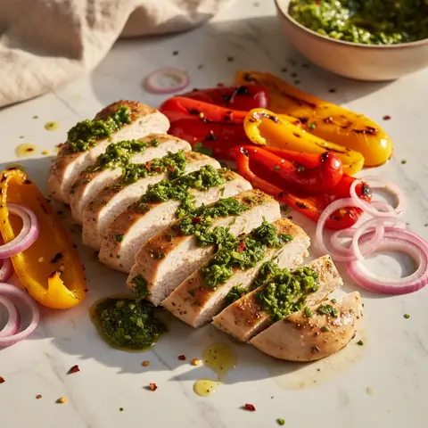 Poulet froid mariné au chimichurri et poivrons grillés