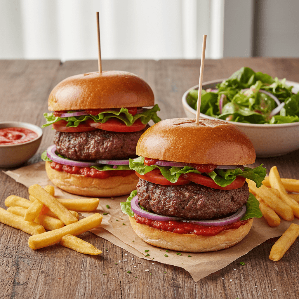 Homemade Burger with Tomato Sauce and Salad