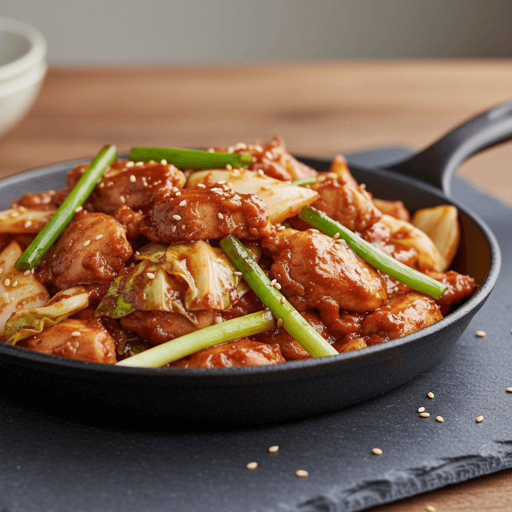 Poêlée de poulet coréen au gochujang, chou et oignons verts